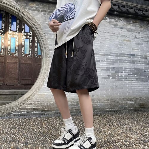 Summer ice silk shorts, men's China style, dragon pattern, jacquard sports quarter pants, loose outer wear, thin casual beach pants