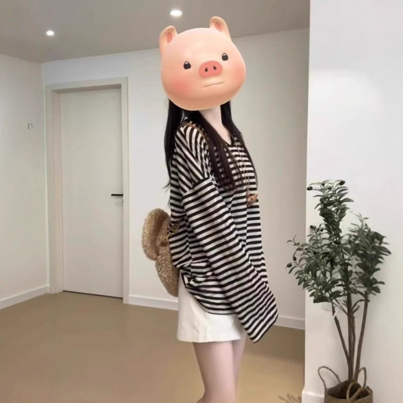 复古防晒宽松百搭长袖T恤女夏季2025新款休闲显瘦条纹中长款上衣|undefined
