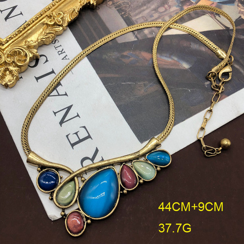 Retro aged necklace copper chain short necklace colorful cat's eye stone diamond plated real gold necklace earrings ear clip set
