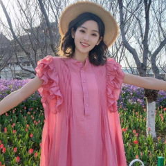 Yulu リネン リゾート風ドレス レース袖 ゆったり着痩せ 韓国風 大きいサイズ レディース 2点セット