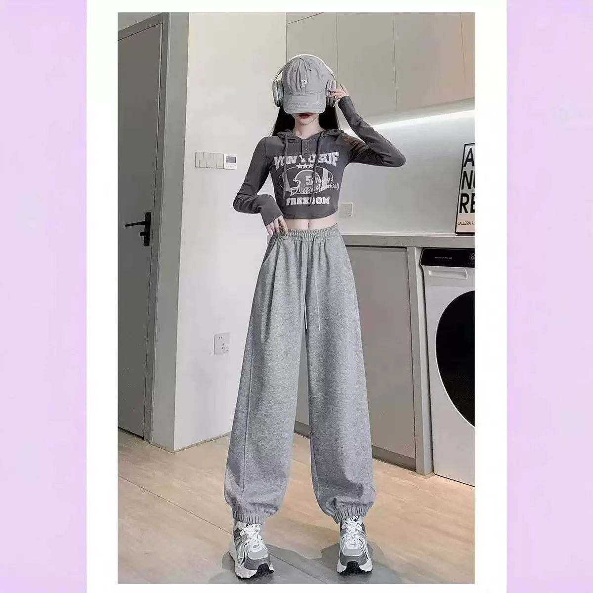 新款运动裤女春秋2025高腰阔腿显瘦卫裤小个子休闲束脚哈伦裤