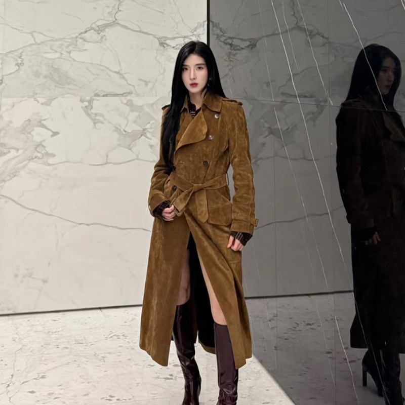 In-Stock Mature Style Light Luxury Double-Breasted Belted Waist-Cinching Double-Pocket Coat Vintage Suede Trench Coat Long Jacket In-Stock Mature Style Light Luxury Double-Breasted Belted Waist-Cinching Double-Pocket Coat Vintage Suede Trench Coat Long Jacket