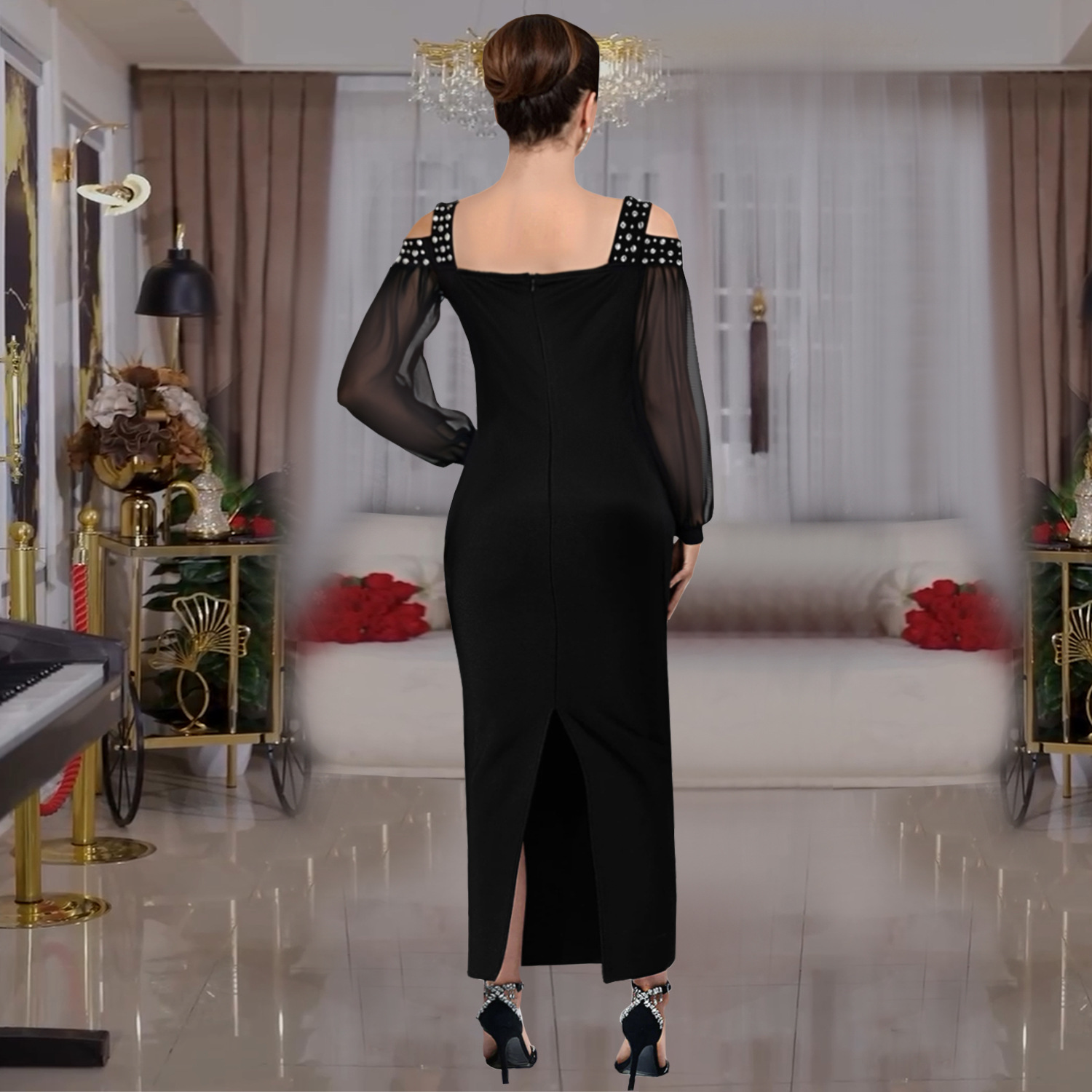 C7415 Cross-border AliExpress Amazon Ropa de mujer de moda europea y americana Elegante vestido delgado de malla de cuello cuadrado de diamantes calientes image 4