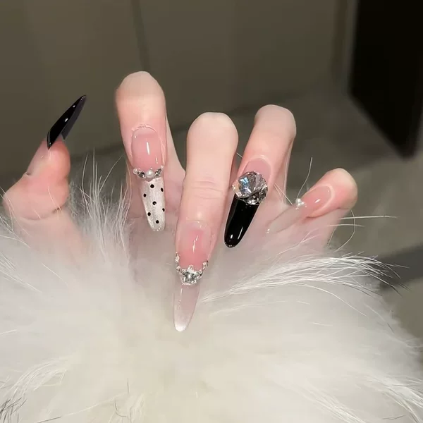 Long Pointed 4.0 Press-On Nails, Champagne Gold Manicure, Black Sparkling Cat Eye Polka Dots, Removable Handmade Nail Pieces