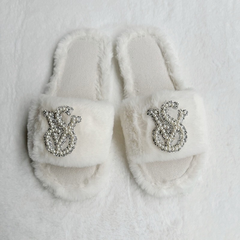 Cross-Border Popular Pearl Letter Bride Bridal Cross Fur Slippers Bachelorette Party Wedding Plush Slippers for Women