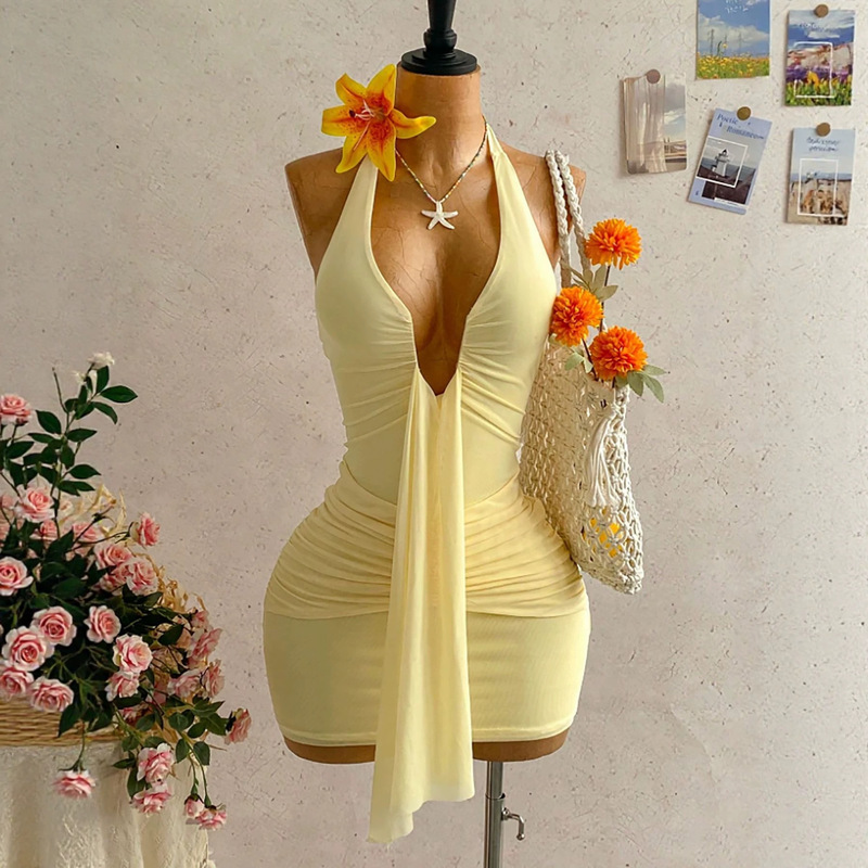 2026 New Summer Trendy Mesh Short Skirt Low-Neck Sexy Slim Fit Hot Girl European and American Dress 2026 New Summer Trendy Mesh Short Skirt Low-Neck Sexy Slim Fit Hot Girl European and American Dress