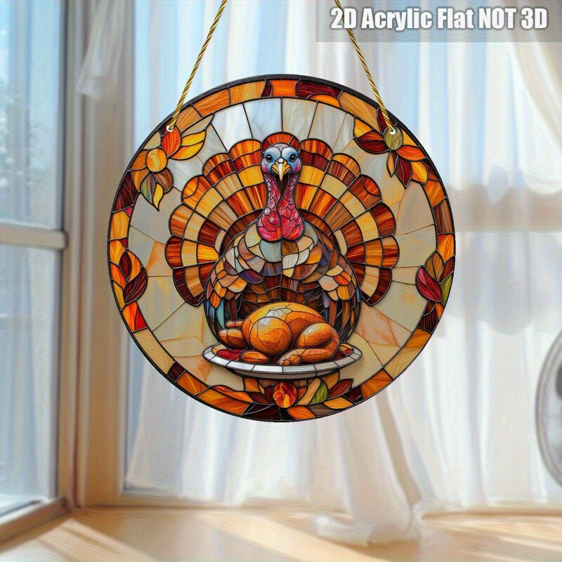 2D Flat Art Bridal Style Thanksgiving Suncatcher - Humorous Turkey Portrait with Autumn Leaves Pumpkin, Sub