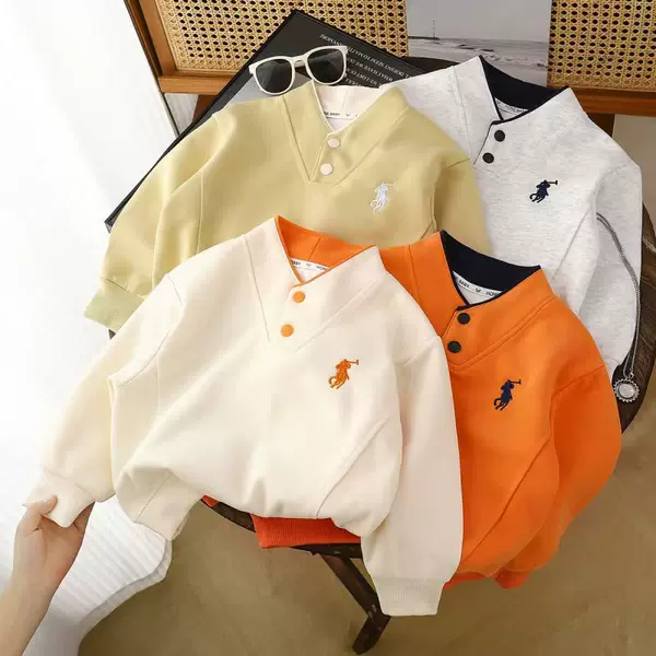 Children's Clothing Autumn and Winter New Pure Color V Neck Cartoon Embroidered Pony Versatile Sweatshirt Medium and Large Kidsren's Casual Korean Style Top