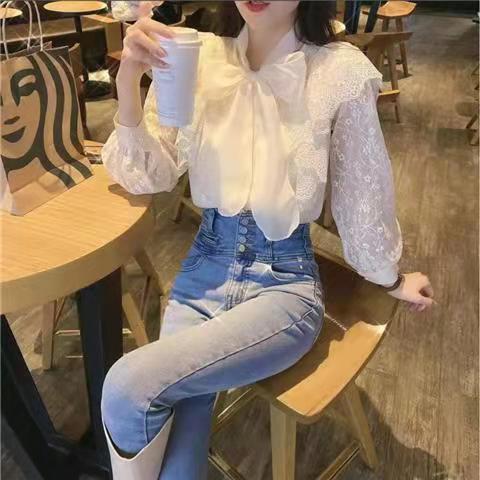 Trendy Niche Bow Long-Sleeve Lace Blouse for Women, Autumn French Style Elegant Blouse, European Puff Sleeve Top