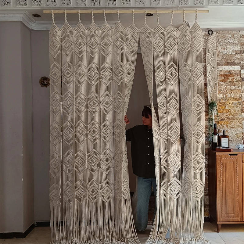 ♔ Hand-Woven Tapestry Door Curtain, Cotton Rope Hanging Curtain, Partition for Living Room Entrance, Decorative Curtain Hanging Piece, Homestay Model Room Hanging