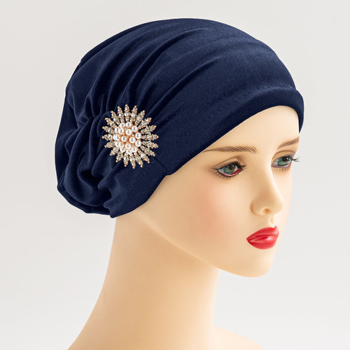 New Elegant Retro Korean Fleece Fabric Sparkling Pearl Sunflower Head Scarf Hat for Church Muslim Women Winter
