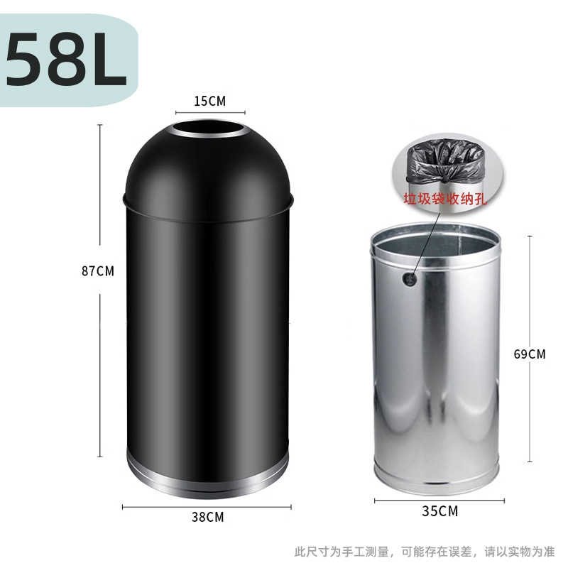 Gran contenedor de basura comercial de gran capacidad de bala de acero inoxidable redonda sin tapa centro comercial de comidas y café tienda de té de leche