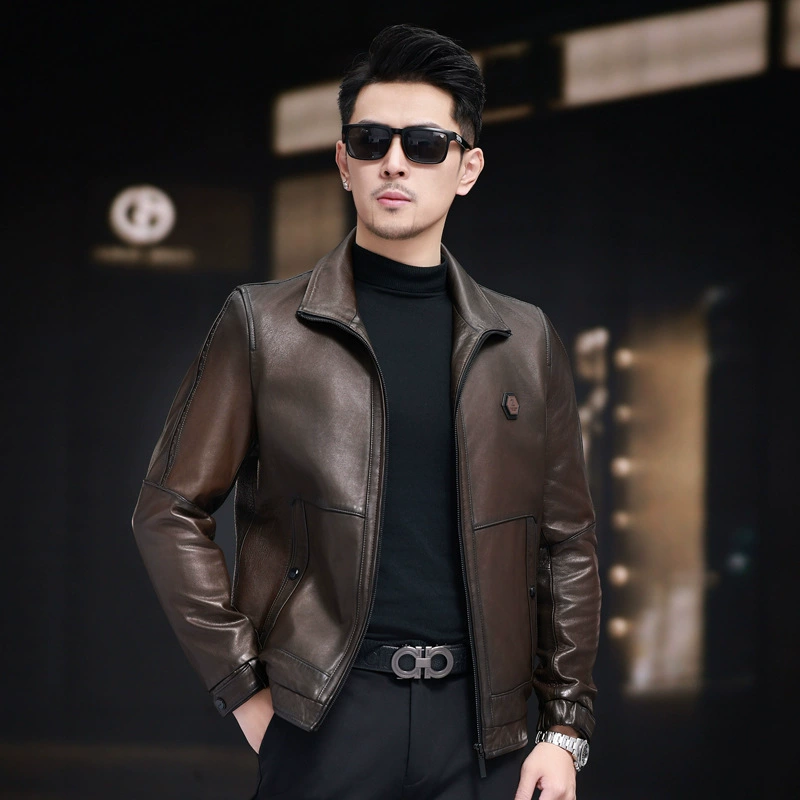 Two-color short thin jacket for leisure, genuine leather