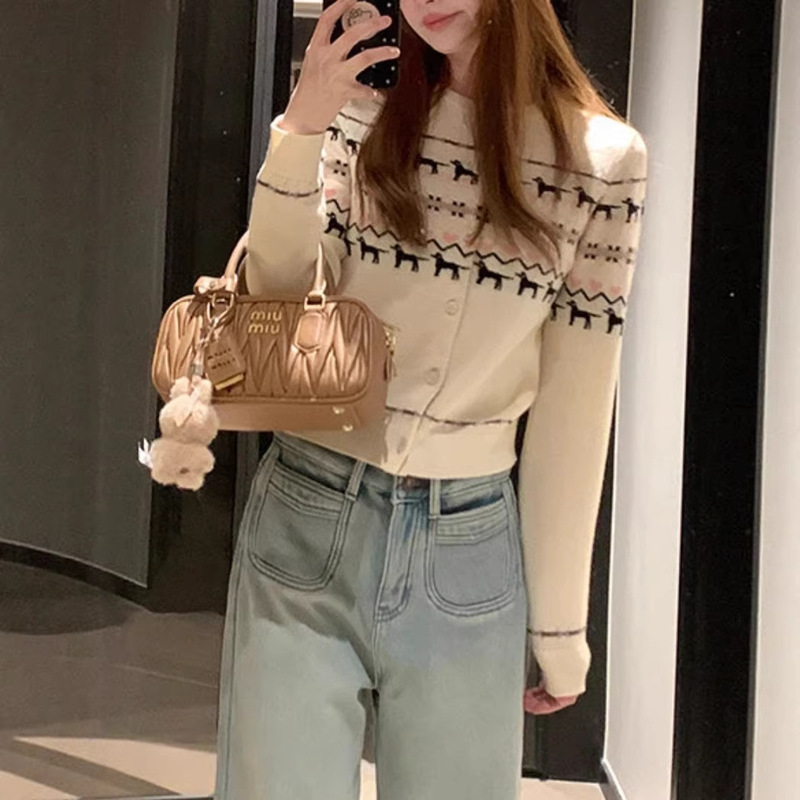 Zhen Zhenzhen Nordic Winter Fairy Tale Korean Style Lazy Dog Fair Isle Knitted Cardigan Round Neck Sweater Zhen Zhenzhen Nordic Winter Fairy Tale Korean Style Lazy Dog Fair Isle Knitted Cardigan Round Neck Sweater