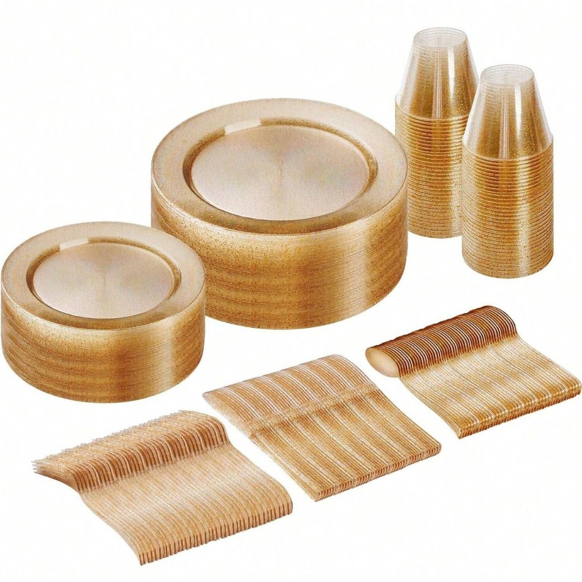 Foreign trade supply for Amazon, TEMU, SHEIN: Wholesale disposable hard plastic cutlery sets, glittering knives, forks, spoons, and plates