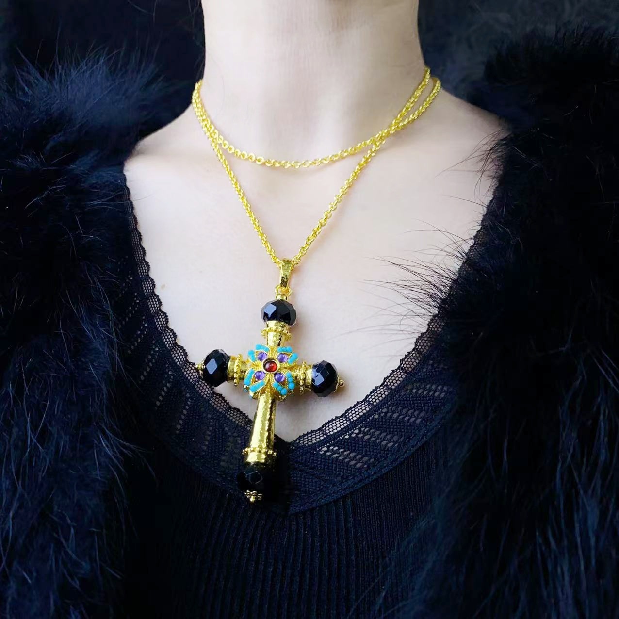 Collana con pendente a croce in cristallo retro donna double face_voghion.com