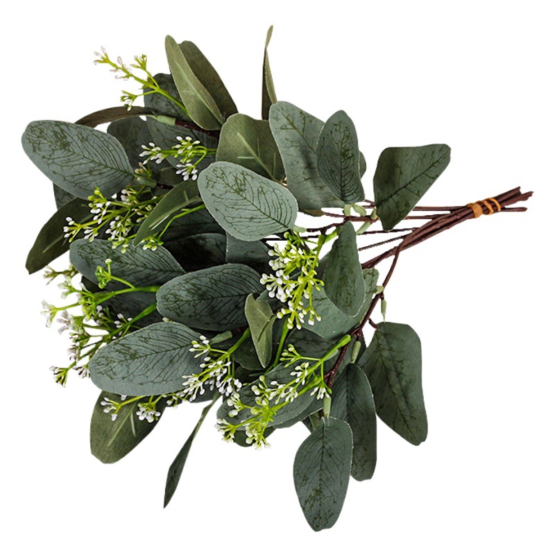 Flores artificiales transfronterizas de Amazon, hojas de eucalipto artificiales, ramas cortas de plata, hojas decorativas, plantas verdes simuladas, hojas de plástico