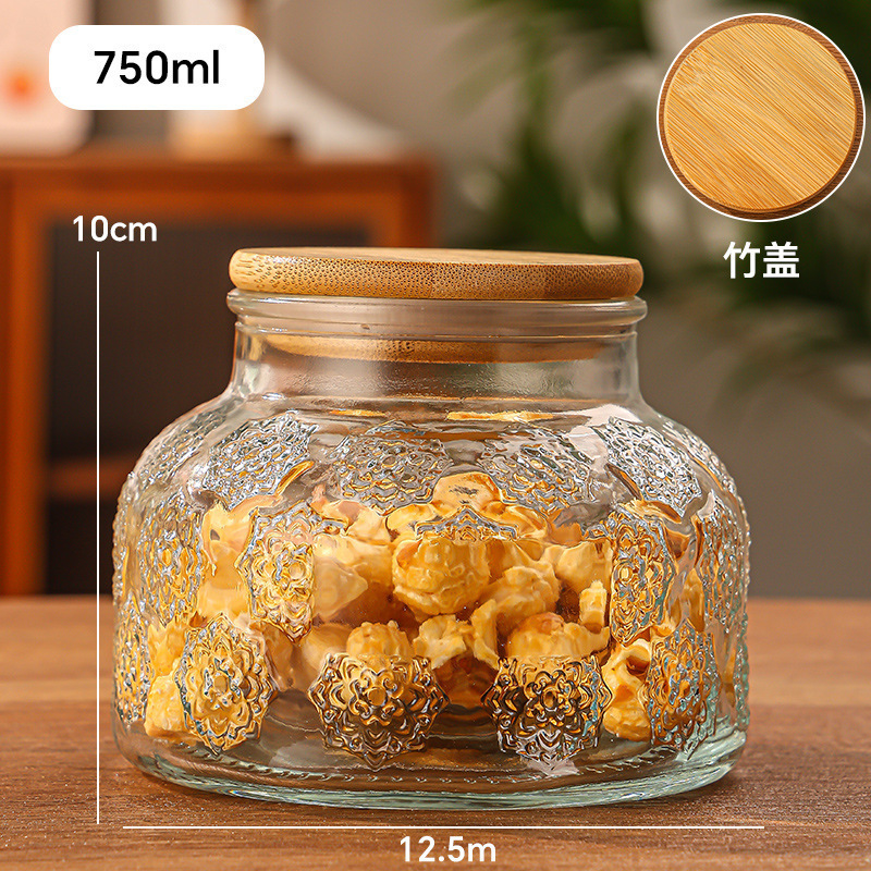 Relieve gran barriga tanque de almacenamiento de vidrio sellado cocina frutas secas granos alimentos almacenamiento al por mayor latas de dulces transparentes
