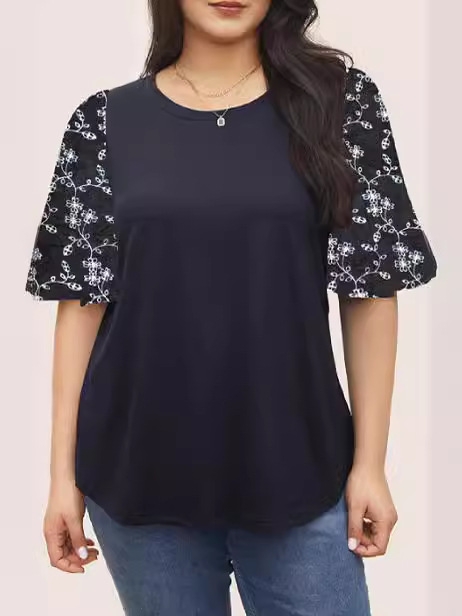 2024 Europa y los Estados Unidos de verano nueva ropa de mujer impresión de gran tamaño de costura de cuello redondo mangas cortas cómodas camisetas casuales transpirables image 3