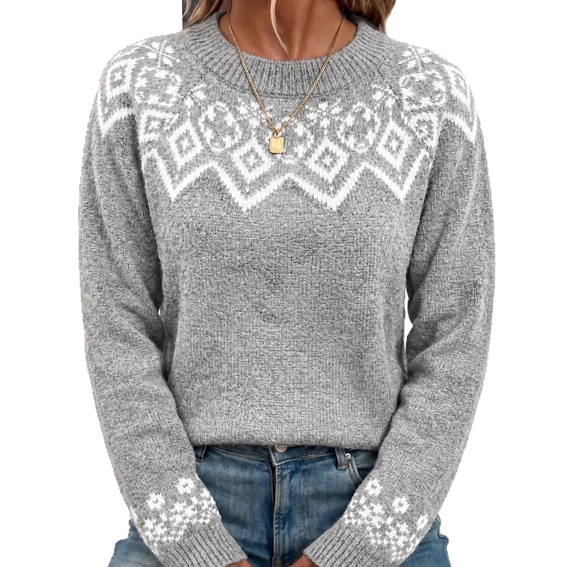 Round neck jacquard sweater for women autumn and winter new Fair Isle pattern loose lazy style sweater top