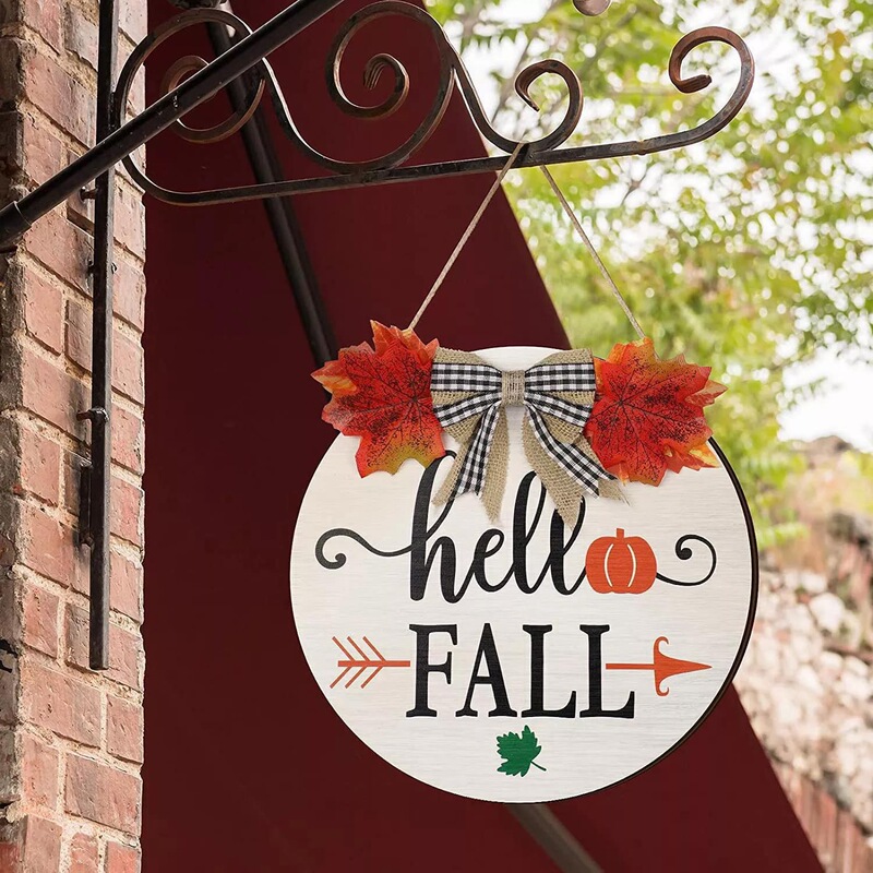 Cross-border New Products Hello Autumn Pastoral Style Decorative Wooden Plate Thanksgiving House Decorative Hanging Painting Front Door Creative Pendant
