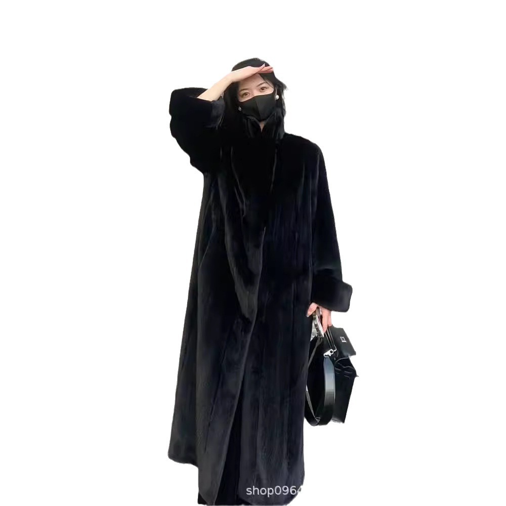 Luxury Faux Mink Fur Trench Coat Long Womens 2024 Winter New Lapel