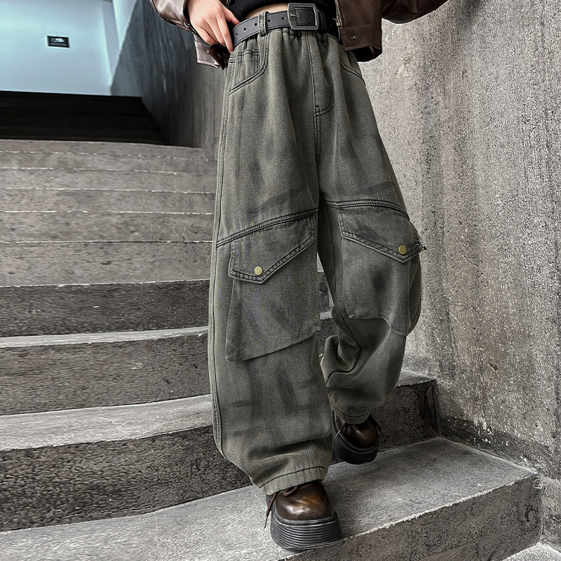 소녀 기모 청바지 2024 년 가을과 겨울 새로운 큰 어린이 원피스 벨벳 더러운 바지 어린이 겨울 두꺼운 양말 바지