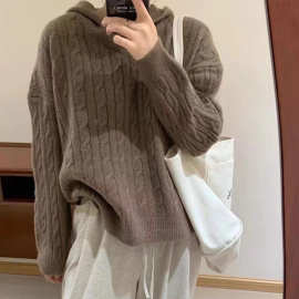 麻花毛衣女毛线衣秋冬2024款连帽复古韩系慵懒宽松软糯针织衫上衣