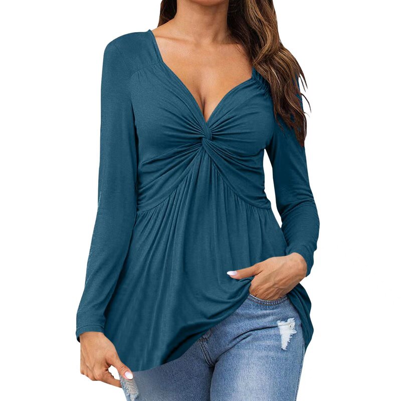2023 European and American New Women's V-Neck Front Knot Shirt Long Sleeve Elegant Casual T-Shirt Solid Color Pullover Top 2023 European and American New Women's V-Neck Front Knot Shirt Long Sleeve Elegant Casual T-Shirt Solid Color Pullover Top