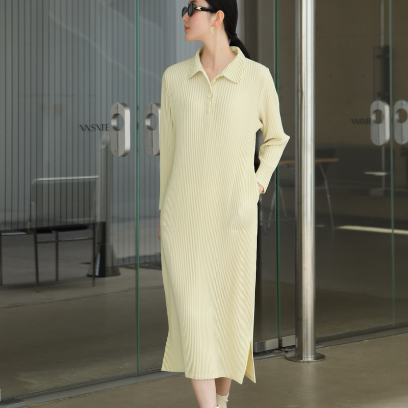 Counter Quality Miyake High-end Pleated Spring and Autumn Loose Slimming Lazy Style Leisure Drape Mid-length Straight dress