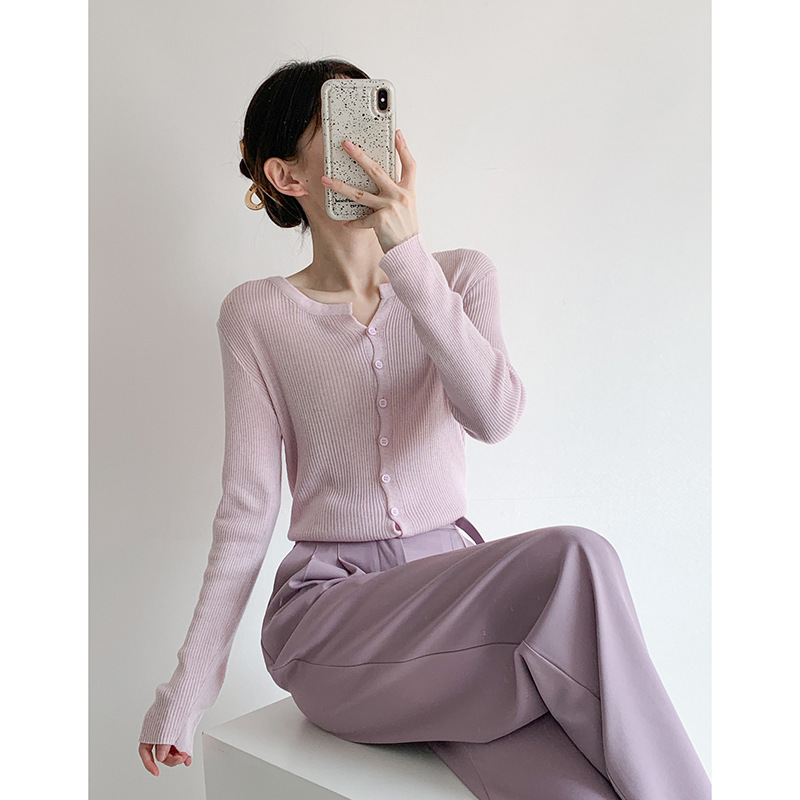 Soft Purple Knitted Cardigan Women's Thin Outer Long-Sleeved Air-conditioning Shirt for Small Women's Inner Shoulder Short Top