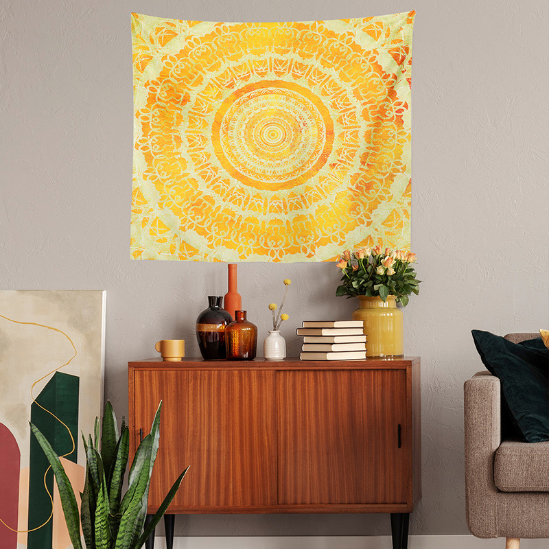 跨境热销黄色曼陀罗图案印花挂毯 客厅卧室装饰背景布