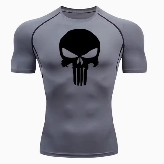 New Sports Slim-Fit Clothing with Skull Design Print, Stretchy Fitness Running Training Breathable Quick-Dry T-Shirt Top