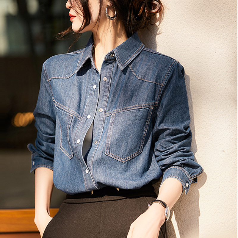 Retro Hong Kong style blue Denim shirt for women Spring and Autumn 2024 New design sense niche inner wear French top Retro Hong Kong style blue Denim shirt for women Spring and Autumn 2024 New design sense niche inner wear French top
