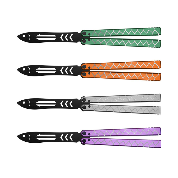 Nuevo divertido pez mariposa cuchillo plegable cuchillo mango de aluminio hoja sin abrir cuchillo de acero inoxidable herramienta de práctica al aire libre fábrica en stock al por mayor