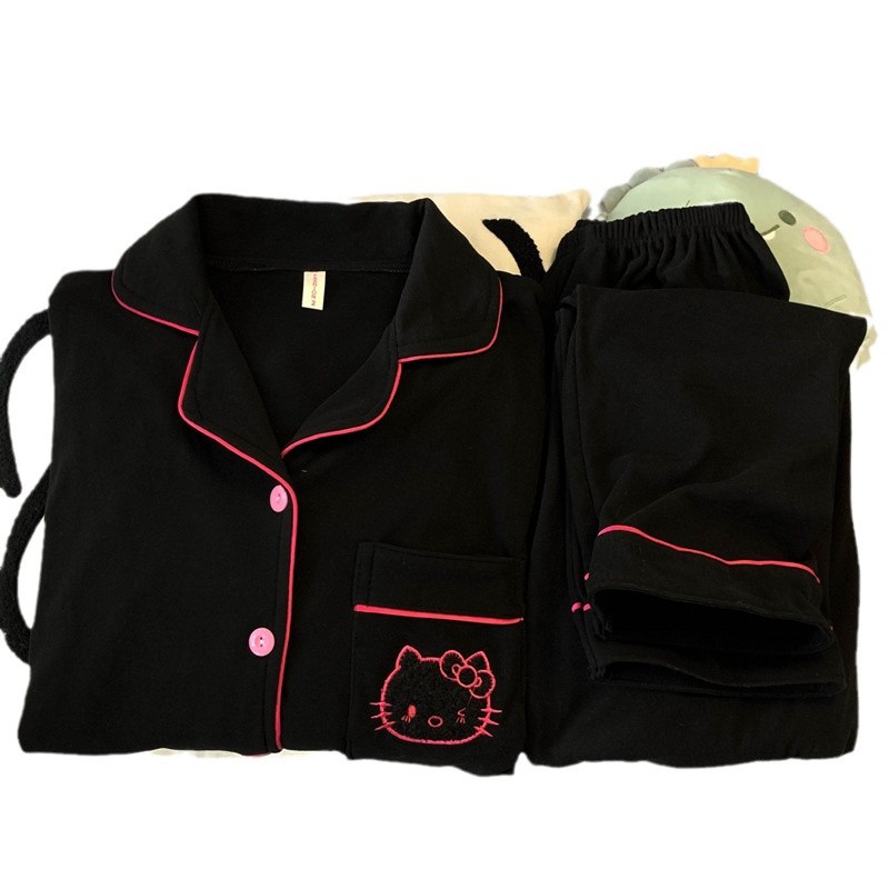 Negro HelloKitty pijamas de terciopelo de mujeres primavera y otoño invierno coral terciopelo de coral 2024 nuevo conjunto de engrosamiento