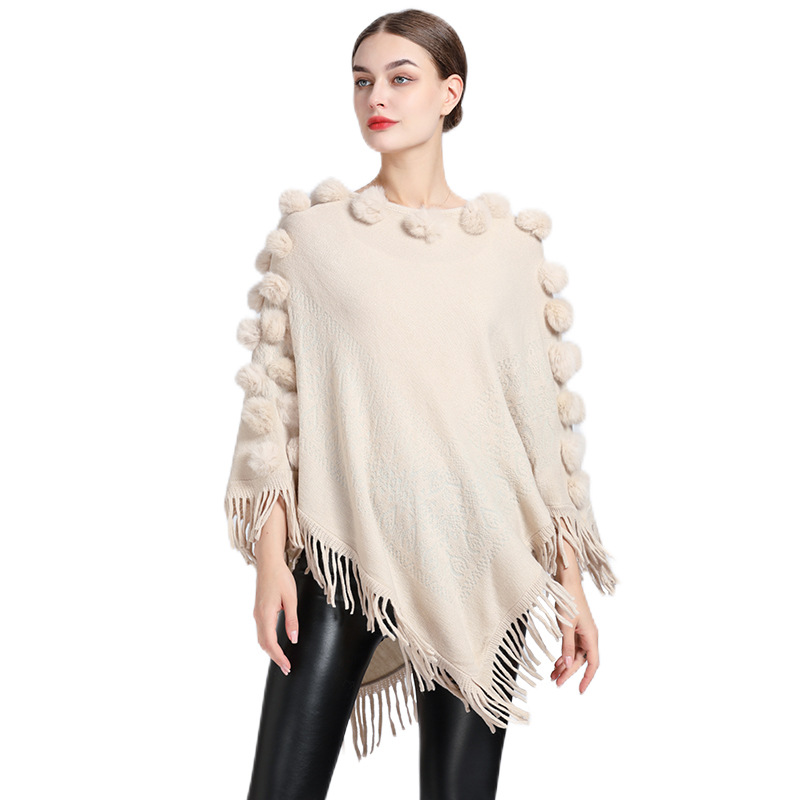 Tassel rabbit hair ball cape cape women's round neck pullover sweater_voghion.com