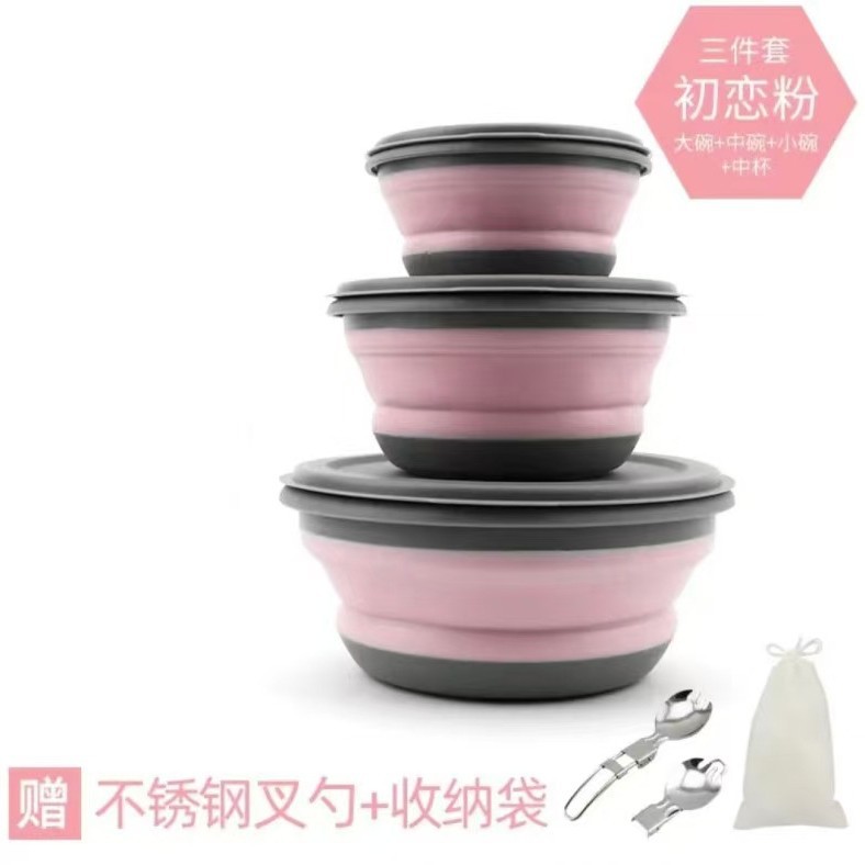 Set rosa de tres piezas (viene con cuchara plegable + bolsa de almacenamiento)