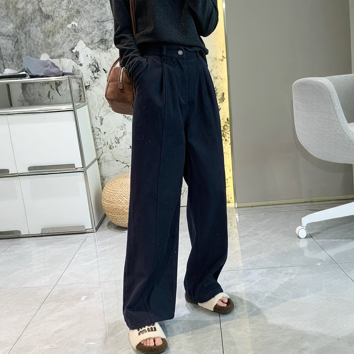 柔缎牛仔~微弹雪尼尔加绒阔腿休闲裤女秋冬加厚保暖直筒裤G102814