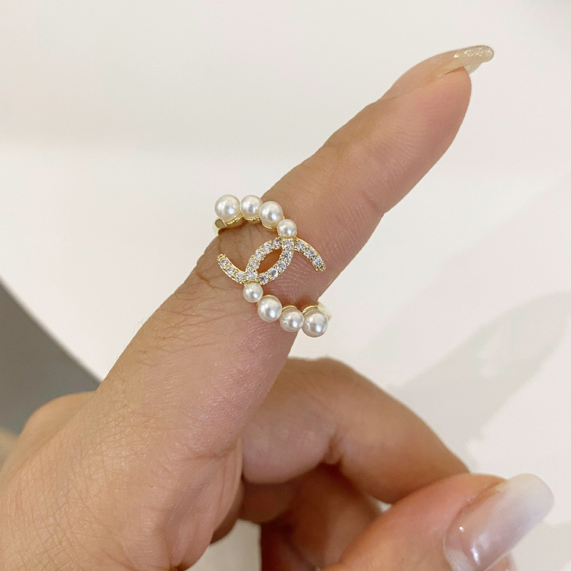 Diamond C-Shaped Cross Pearl Ring Image 2
