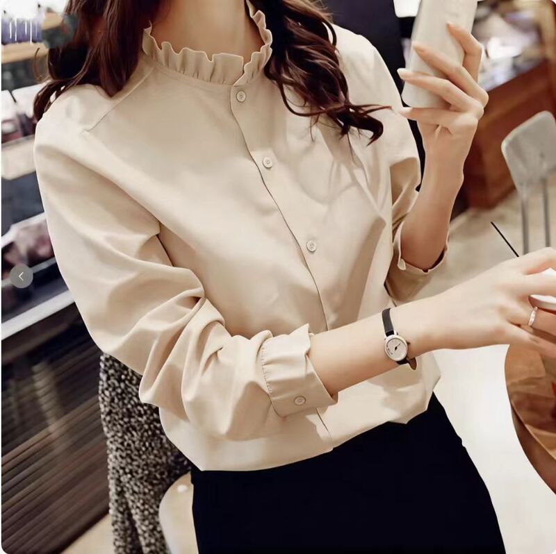2025 Spring and Autumn New Style Ruffled Collar Lace Stand Collar Versatile Fashionable Japanese Style Fresh Long Sleeve Women's Shirt Base Layer Top 2025 Spring and Autumn New Style Ruffled Collar Lace Stand Collar Versatile Fashionable Japanese Style Fresh Long Sleeve Women's Shirt Base Layer Top