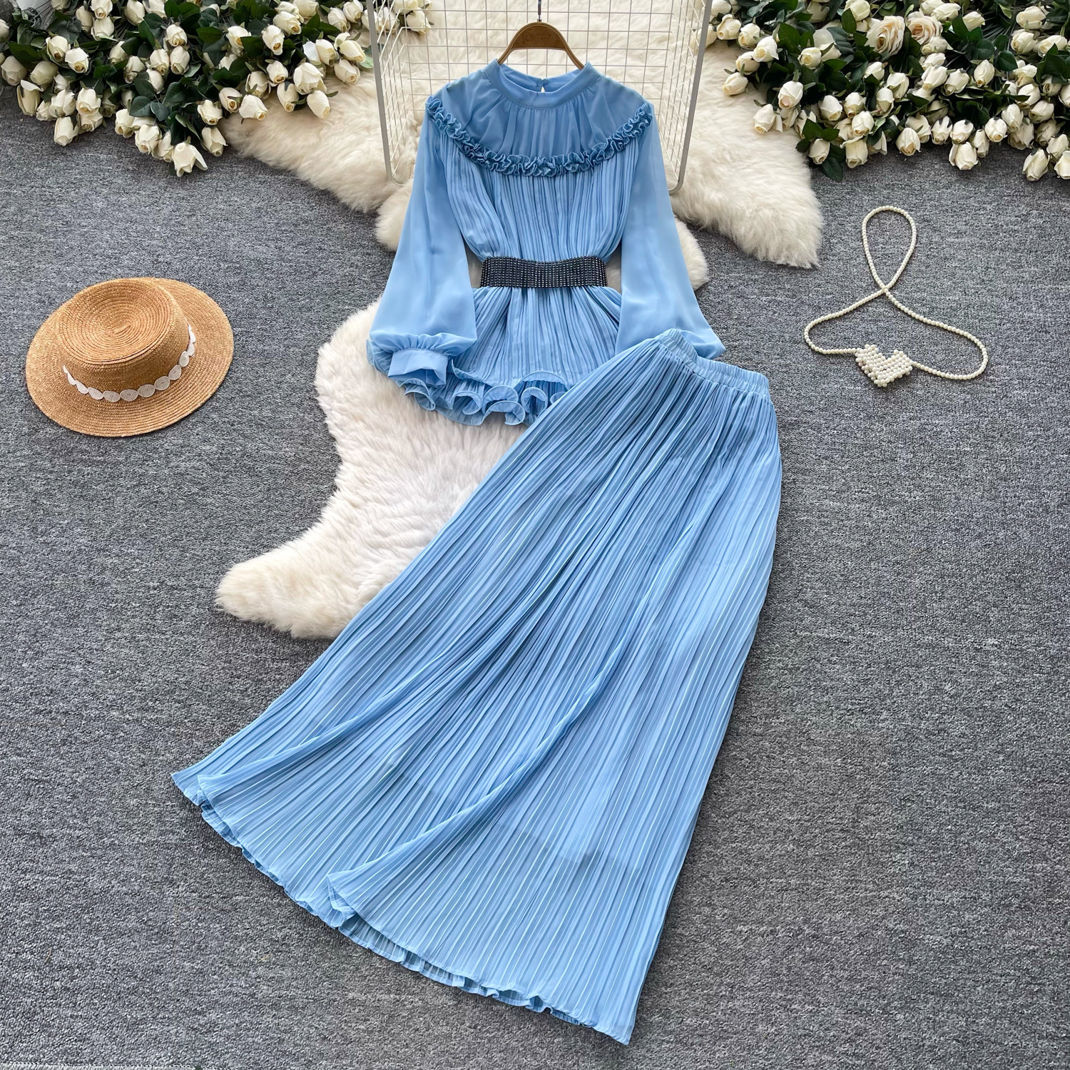 French Office Style Purple Lantern Sleeve Belted Ruffle Midi Dress For Women | Autumn Elegant Two-Piece Set_ecoleips.com