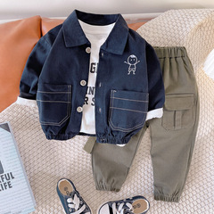 Korean Style Fashionable and Handsome Boys Autumn Outfit Set of 3, Pocket Cardigan Jacket with Long sleeves for Little Boys