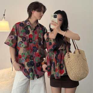 Couple Wear Summer Short-Sleeved Shirt Seaside Vacation Skirt French Floral Hot Girl Vest High-End Dopamine Top