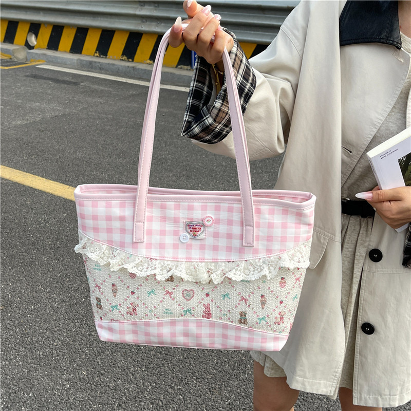 大容量新款可爱甜美格子托特包手提2025手拎少女粉色蕾丝拼接单肩|undefined