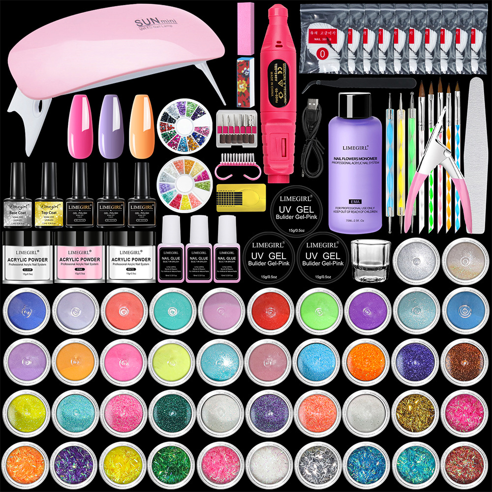 Juego de polvo de cristal para manicura transfronterizo, herramientas de manicura, lámpara de fototerapia, juego completo de suministros de joyería, venta al por mayor.