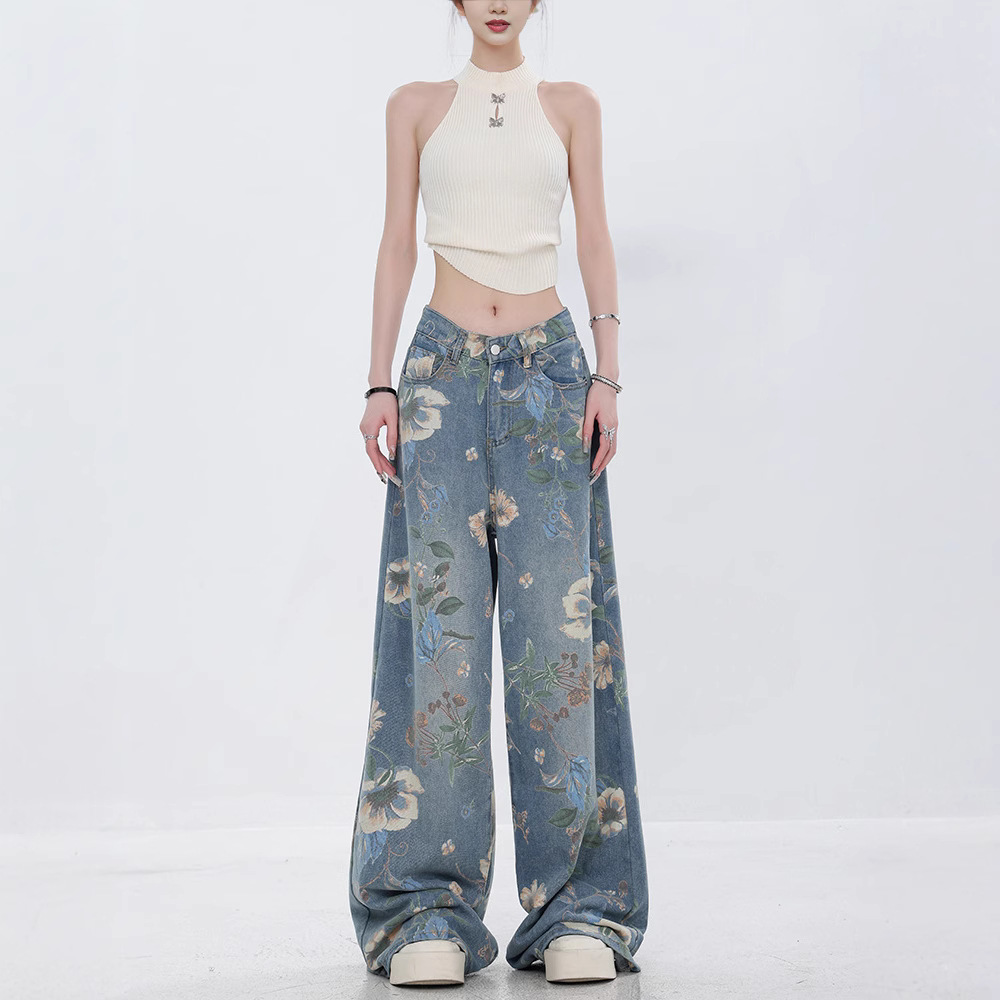 Full Print Flower Wide Leg Washed Jeans Men's and Women's Mid-Waist 2024 New Summer Straight Slim Mop Pants