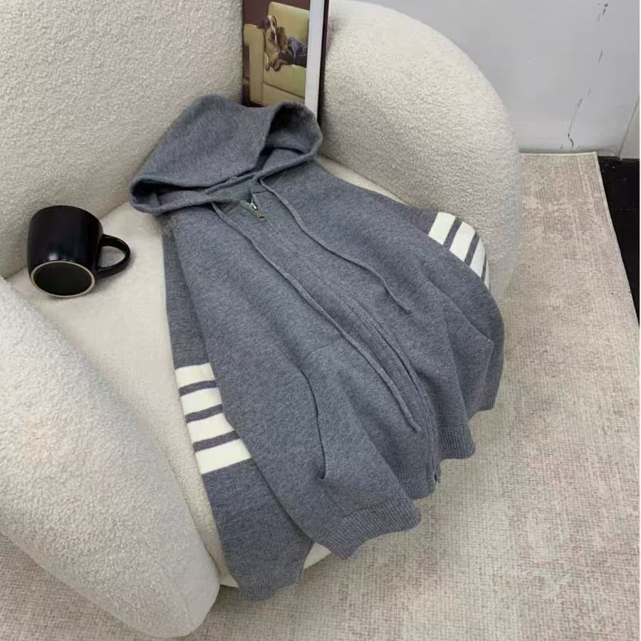 Мода осень-зима свободная повседневная спортивная кардиган куртка в полоску женская молния с капюшоном вязаный свитер дикий другой