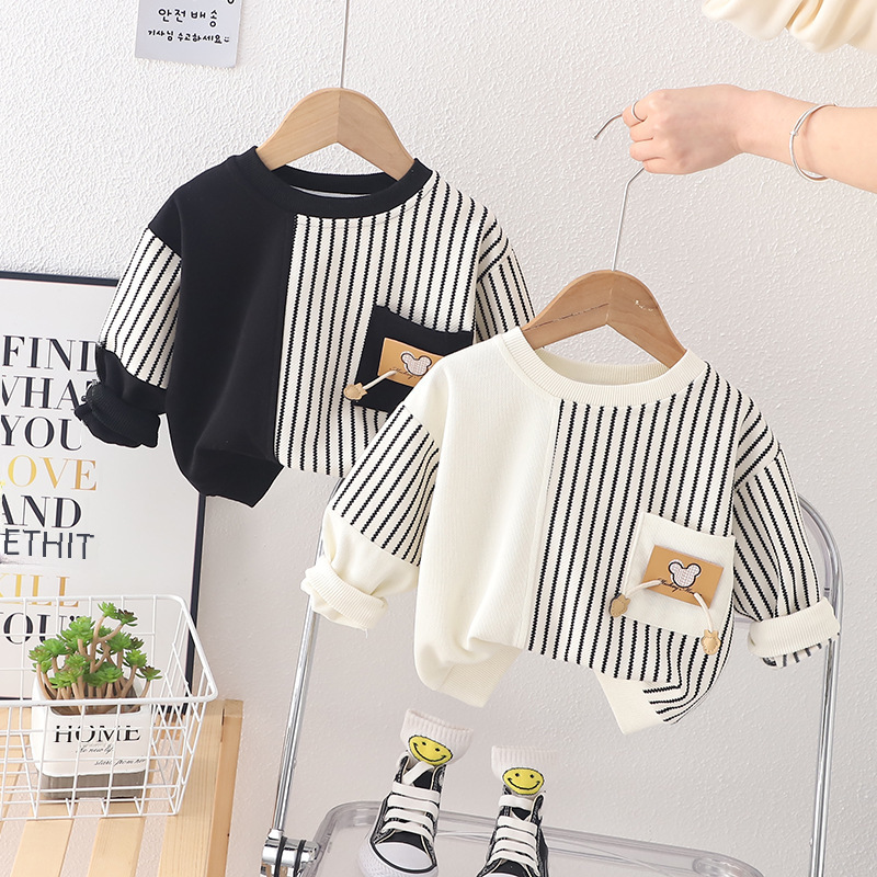 Dropshipping Children's Single T-shirt Children's Top Boys' Spring Clothes Color Matching Striped Long-Sleeved Round Neck Shirt Casual Sweatshirt 