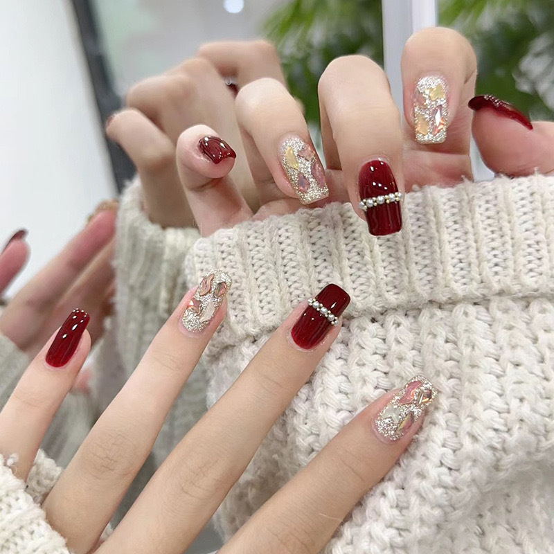 Diamond Red Manicure Wearable Nails Removable Fake Nails Medium-Sized European Square Nail Pieces Starry Sky Nail Pieces with Diamonds
